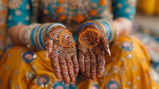 Henna artist applying designs brides hands closeup - traditional mehndi